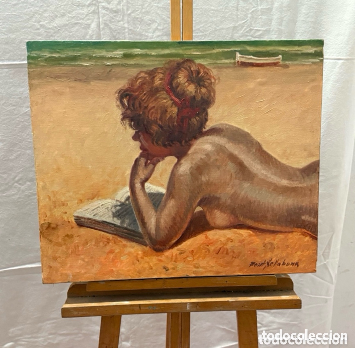 Arte: Josep Font Sellabona &oacute;leo sobre lienzo 1978 desnudo femenino playa Vacaciones