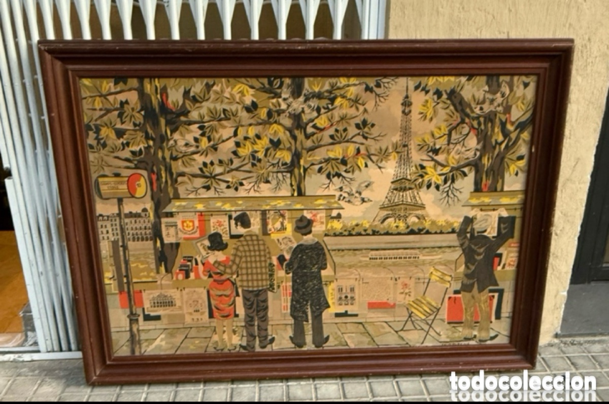 Art: Tapiz franc&eacute;s pintado de pared - Par&iacute;s con Torre Eiffel - firmado J. C. Bissery - vintage