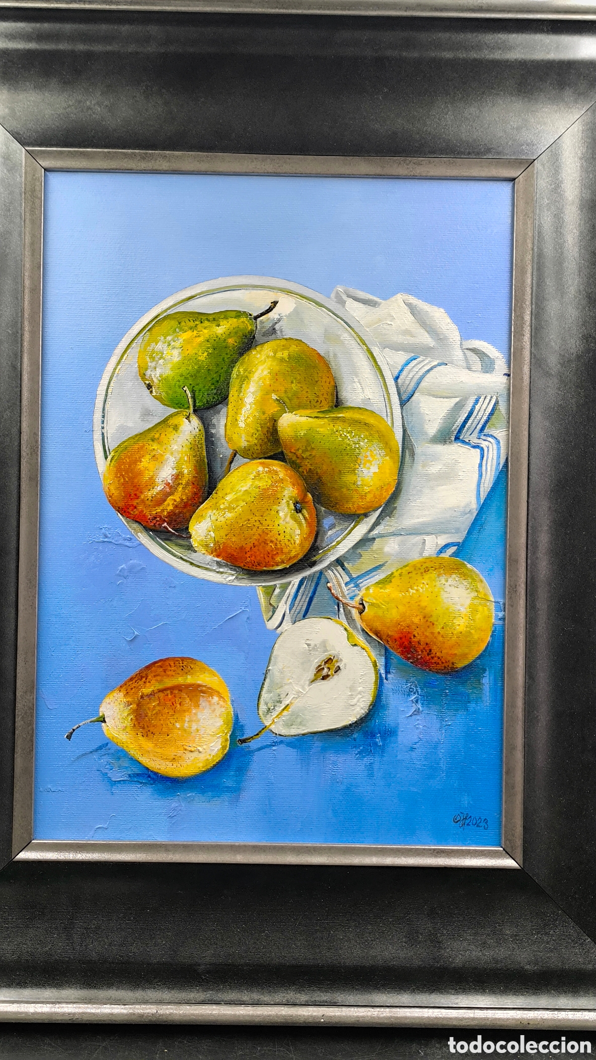 Arte: &Oacute;leo Bodeg&oacute;n de Peras sobre Fondo Azul &ndash; Firmado y Enmarcado, 2023
