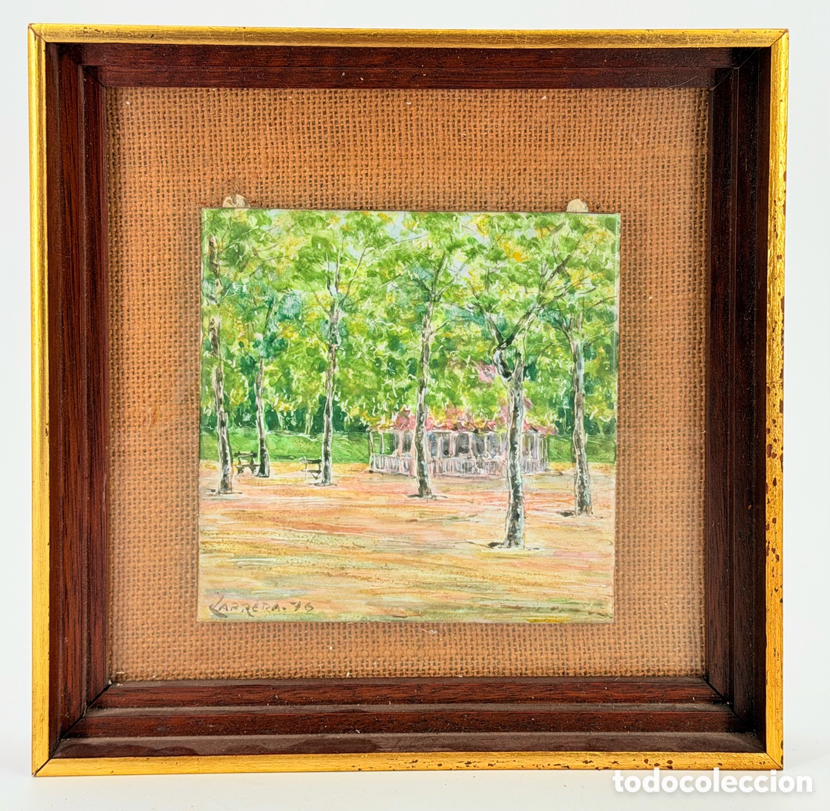 Arte: Pintura al &Oacute;leo de Paisaje Enmarcado Escuela espa&ntilde;ola s. XX. Parque del Retiro.