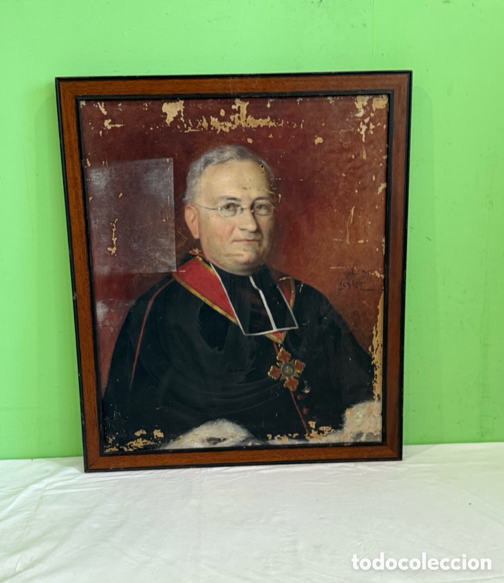 Arte: Antiguo retrato eclesi&aacute;stico &oacute;leo sobre lienzo firmado escuela catalana para restaurar