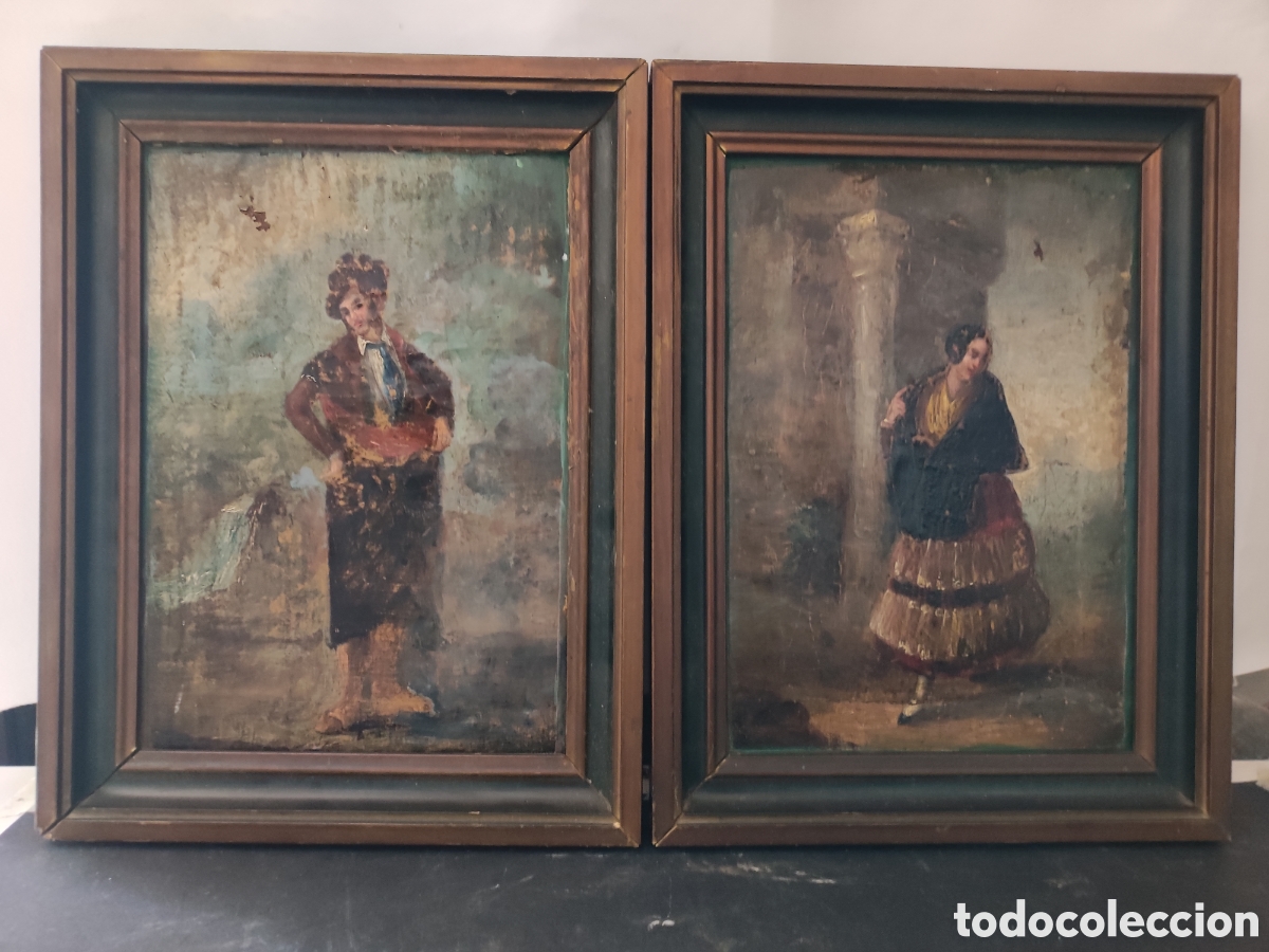 Arte: Pareja de cuadros Goyescos final siglo XVIII