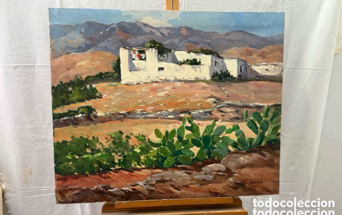 Kunst: Salvador Baliellas Oliva (Vic, Barcelona, 1932) paisaje mediterr&aacute;neo con casa blanca, &oacute;leo.