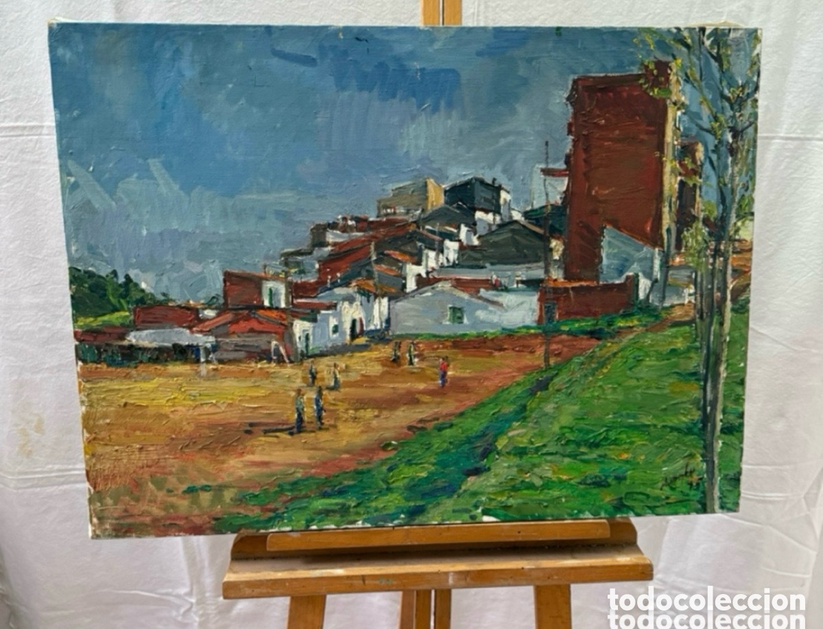 Kunst: Salvador Baliellas Oliva (Vic, Barcelona, 1932) paisaje de pueblo mediterr&aacute;neo con figuras, &oacute;leo.