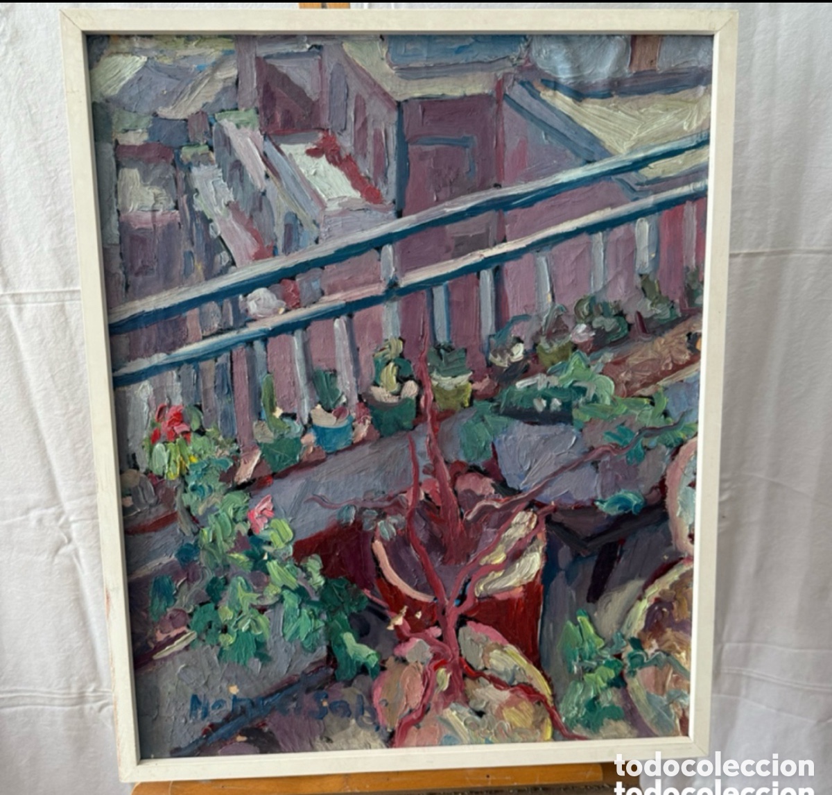 Arte: Antiguo &Oacute;leo sobre lienzo vista urbana desde balc&oacute;n firmado.