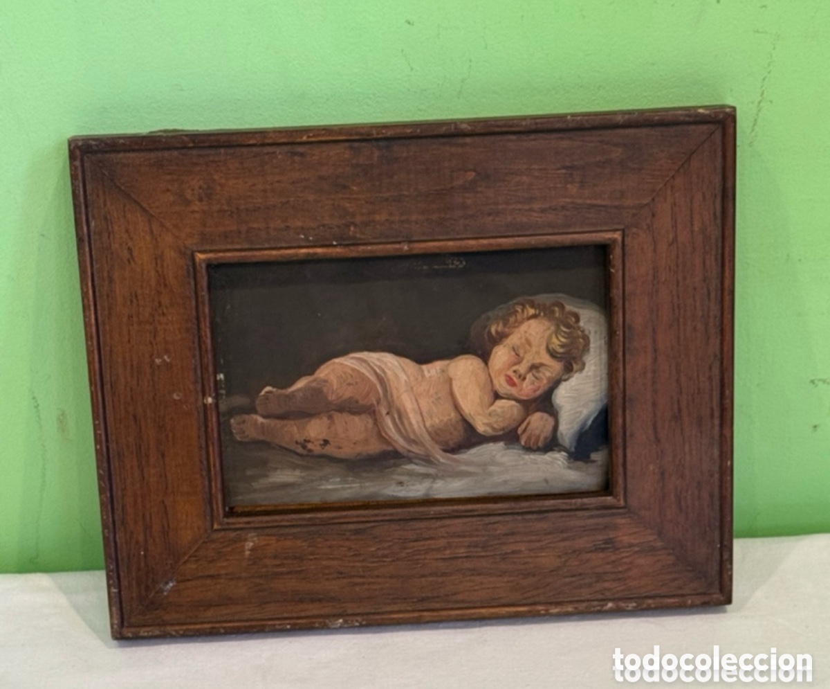Arte: Antigua pintura &oacute;leo sobre cobre - Ni&ntilde;o durmiendo - Escuela europea s.XVIII/XIX.