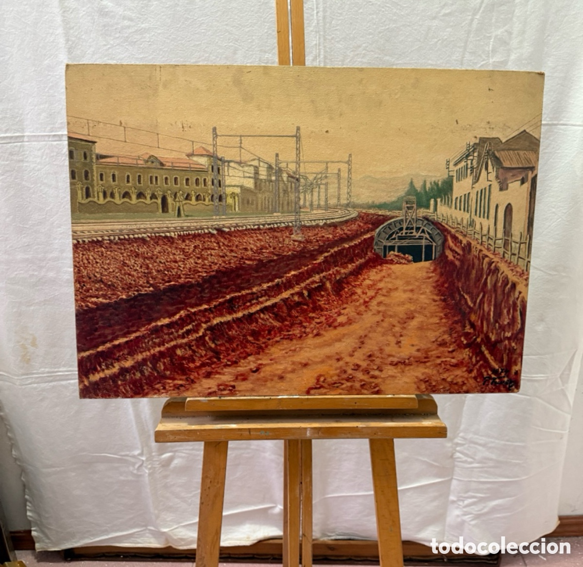 Arte: &Oacute;leo sobre tablex estaci&oacute;n ferrocarril obra firmada escuela espa&ntilde;ola firma a estudiar (74X52 cm)