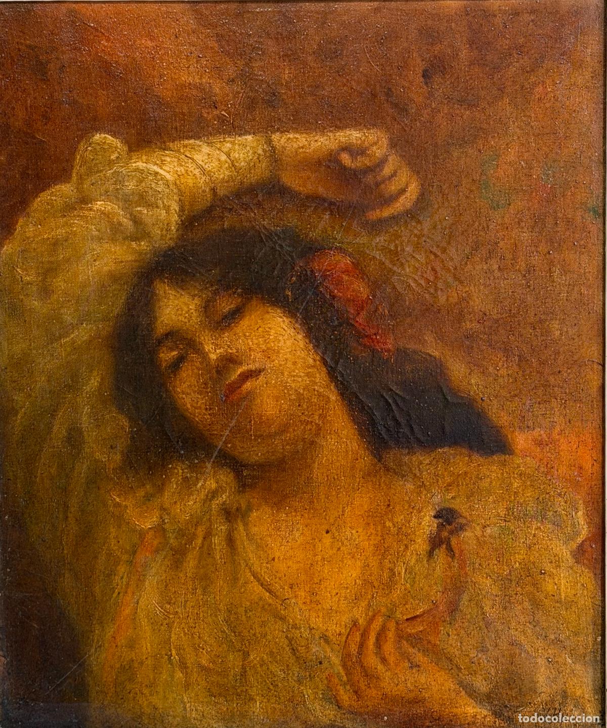 Arte: &Oacute;leo lienzo posible pintura catalana , mujer con flor en el pelo , firmada , 1940 aprox. R 734