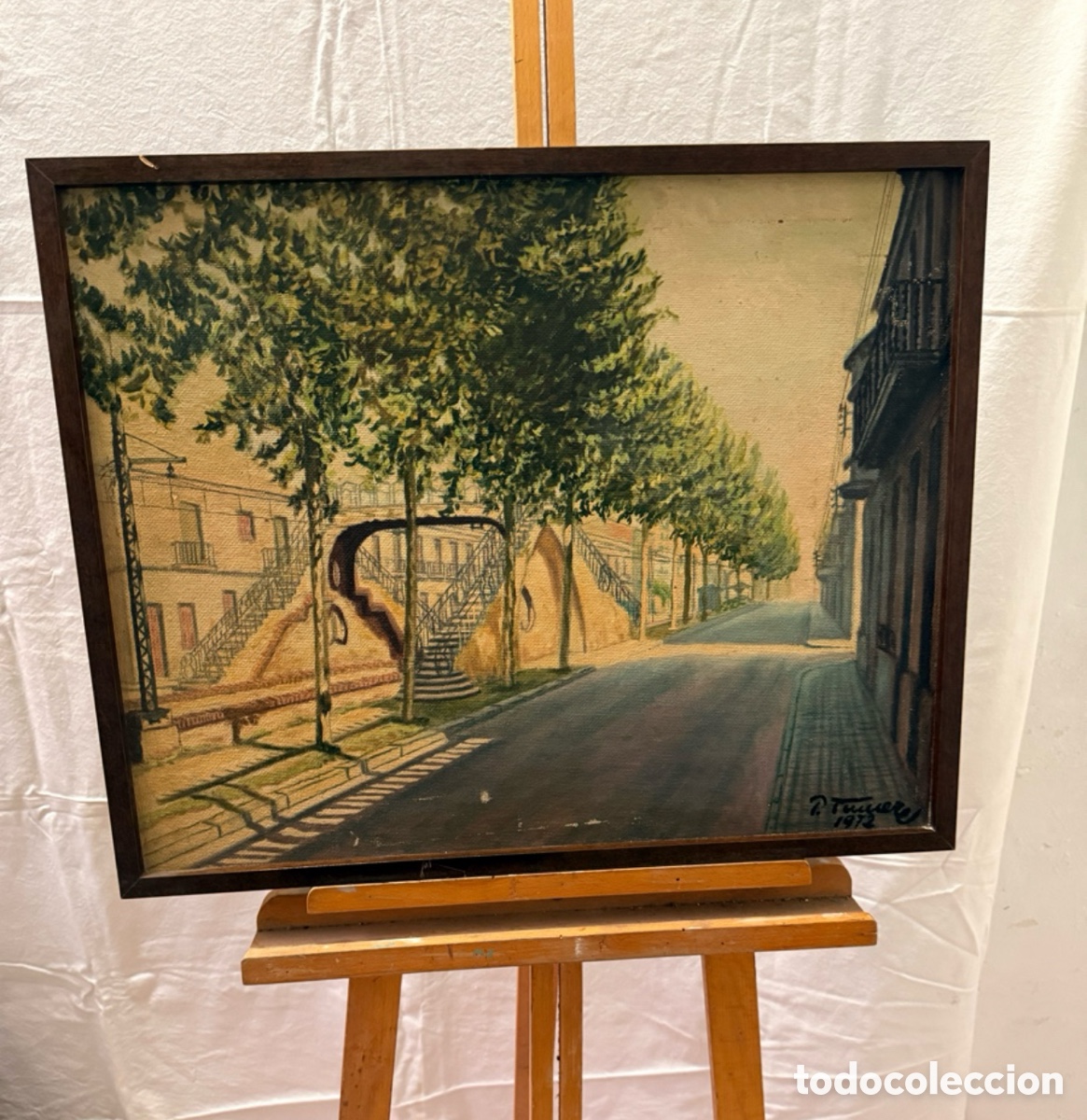 Kunst: &Oacute;leo sobre tablex estaci&oacute;n ferrocarril obra firmada 1972 escuela espa&ntilde;ola escena urbana (63X50 cm)