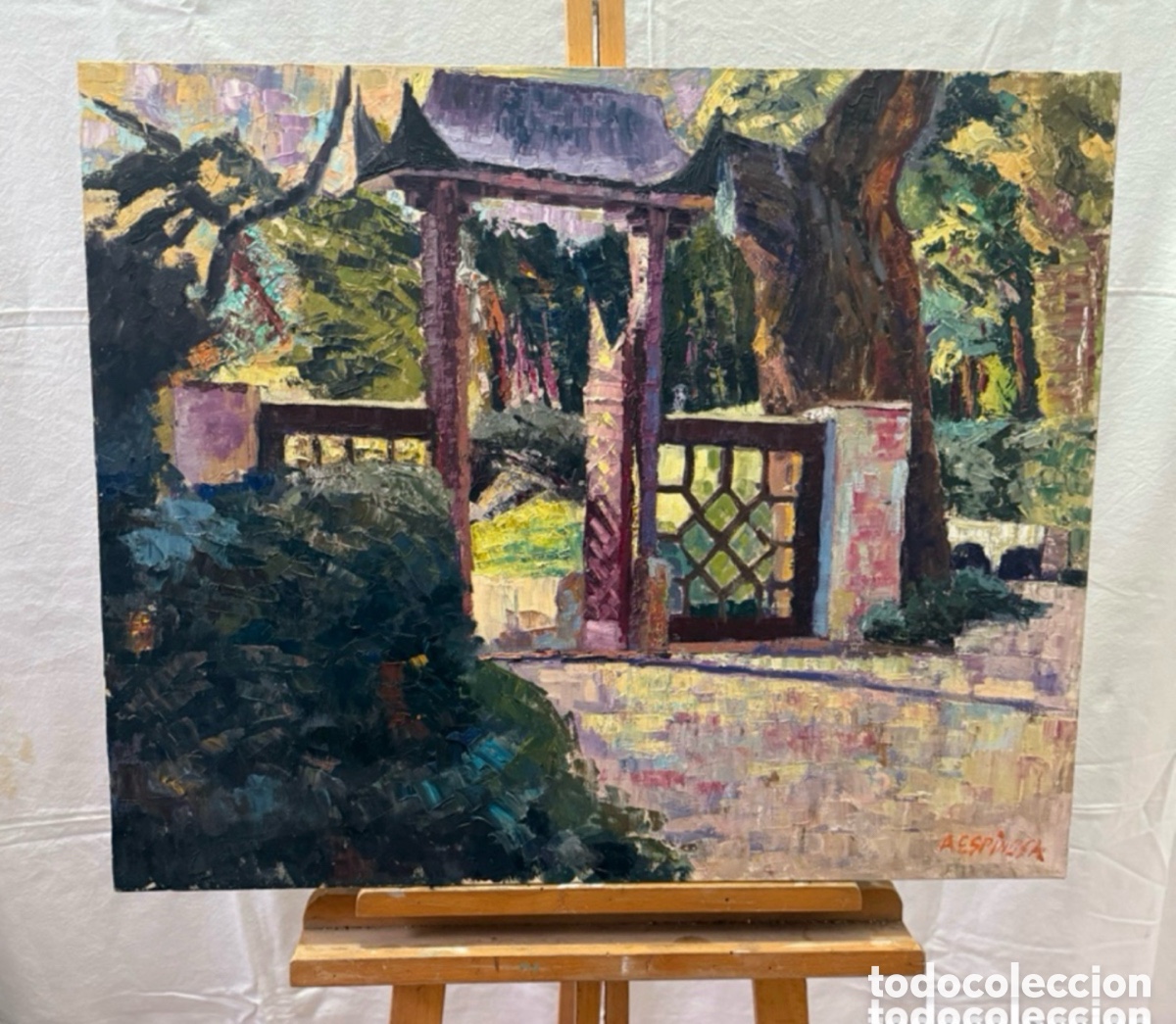 Arte: &Aacute;lvarez Espinosa &oacute;leo sobre lienzo jard&iacute;n oriental pintura firmada vintage