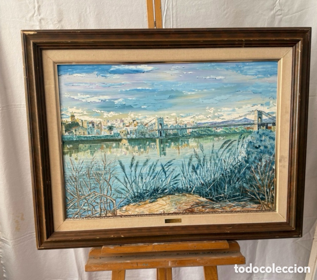 Arte: Ricard No&eacute; &oacute;leo sobre lienzo paisaje urbano r&iacute;o y puente obra firmada y enmarcada
