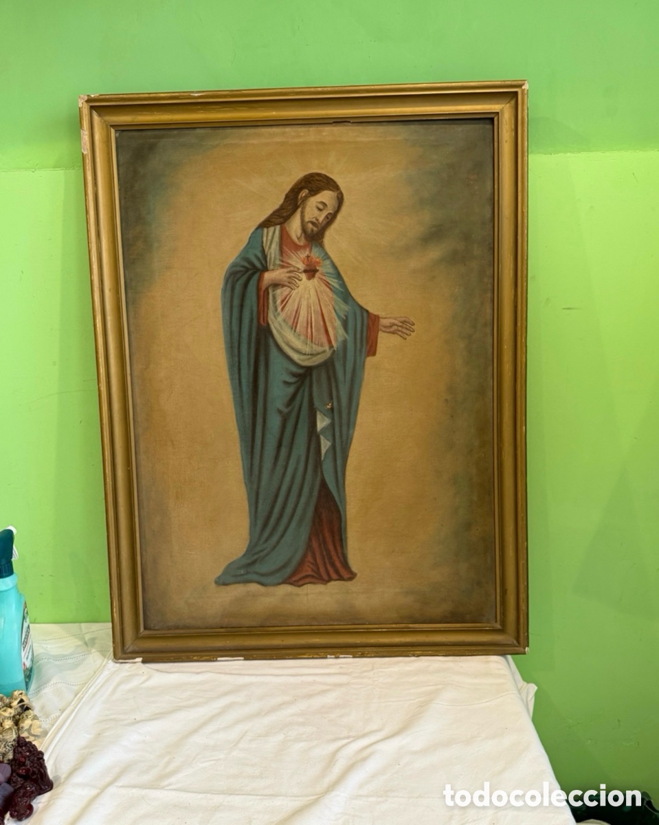 Arte: Antiguo &oacute;leo Sagrado Coraz&oacute;n de Jes&uacute;s gran formato 100 x 76 cm enmarcado principios siglo XX