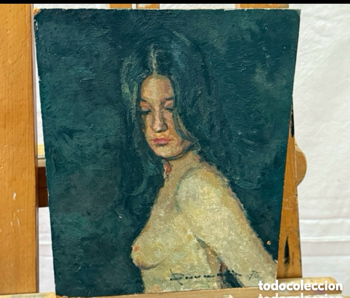 Arte: Ram&oacute;n Poveda Ibars (Sabadell, 1936) &oacute;leo sobre TABLEX retrato femenino desnudo firmado