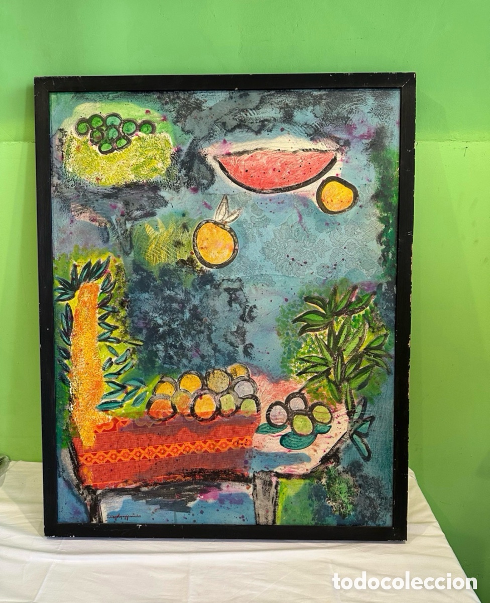 Arte: Diego L&oacute;pez Granados Jard&iacute;n con frutas t&eacute;cnica mixta sobre lienzo 92 x 73 cm firmado