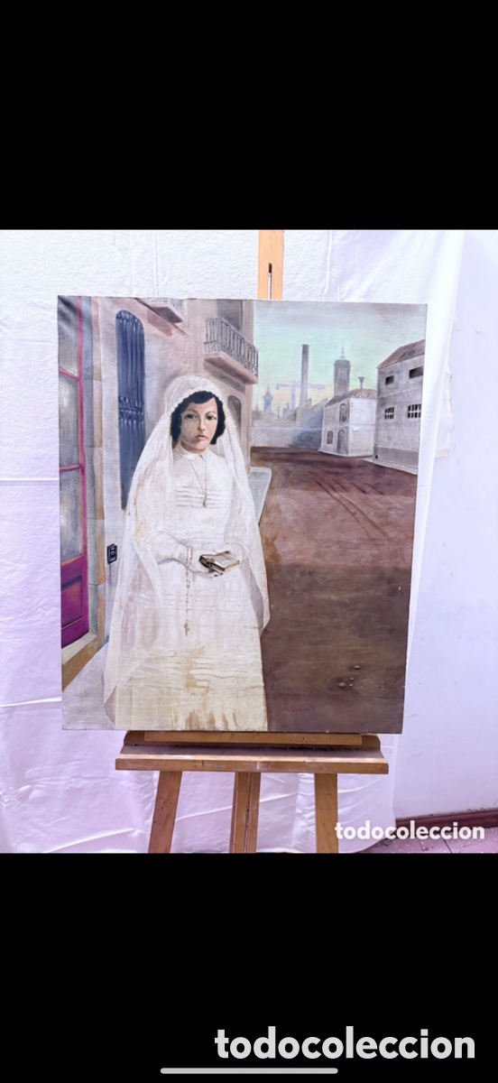 Arte: Ricard Calvo Dur&aacute;n &oacute;leo sobre lienzo 1978 retrato ni&ntilde;a de primera comuni&oacute;n paisaje urbano.