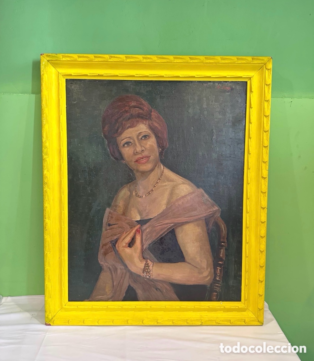 Arte: D. Roig retrato femenino &oacute;leo sobre tablex firmado enmarcado gran formato