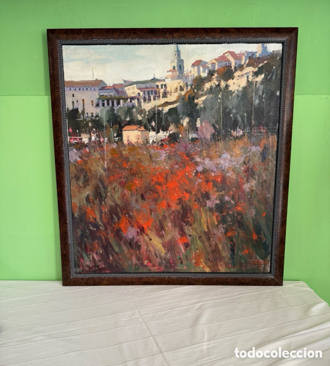 Arte: Josep Guillem &oacute;leo sobre lienzo gran formato paisaje urbano floral firmado enmarcado (100cm X95 cm).