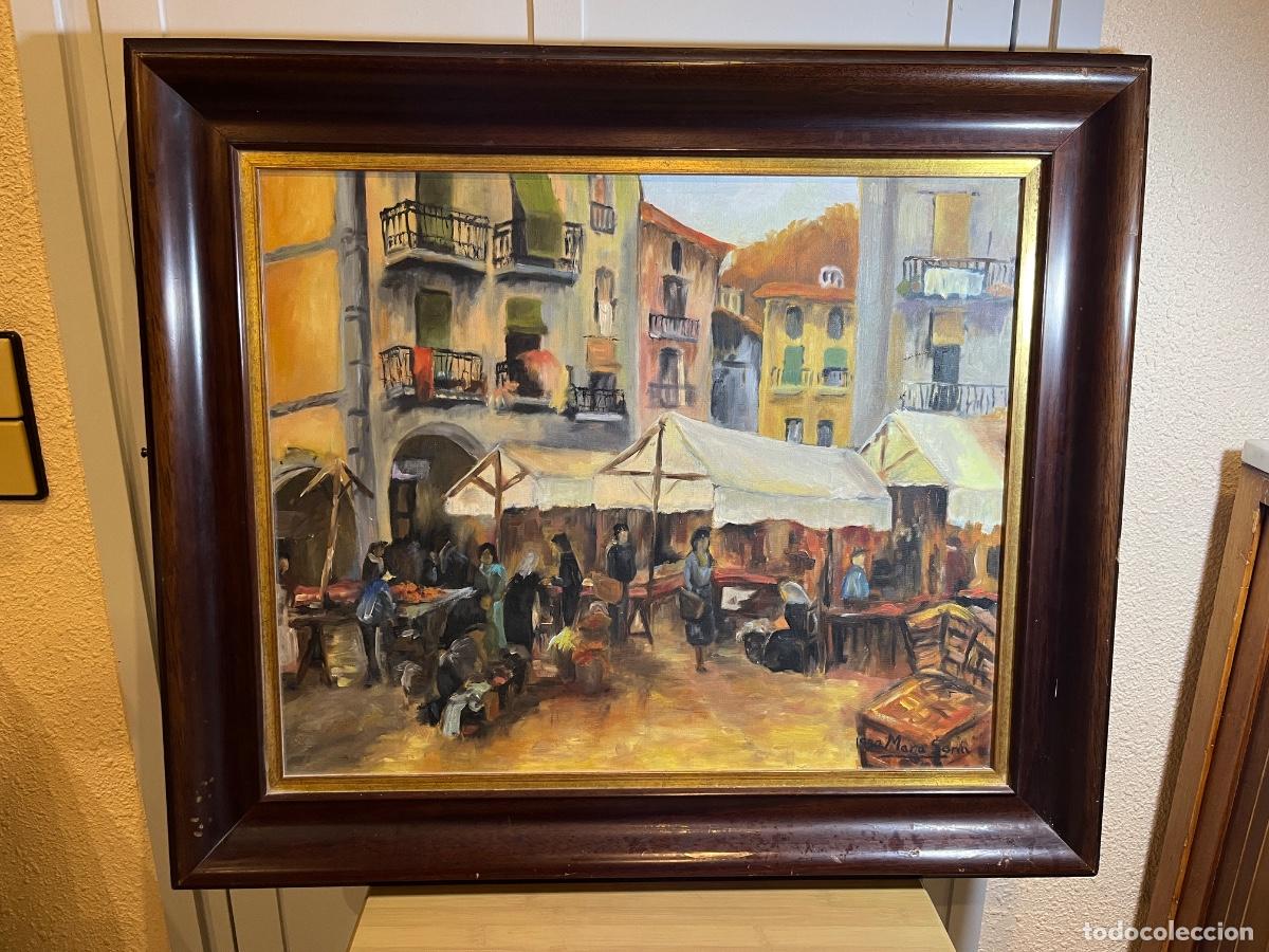 Arte: &Oacute;leo Mar&iacute;a Soria 1990 mercado plaza urbana postimpresionista cuadro contempor&aacute;neo vintage arte