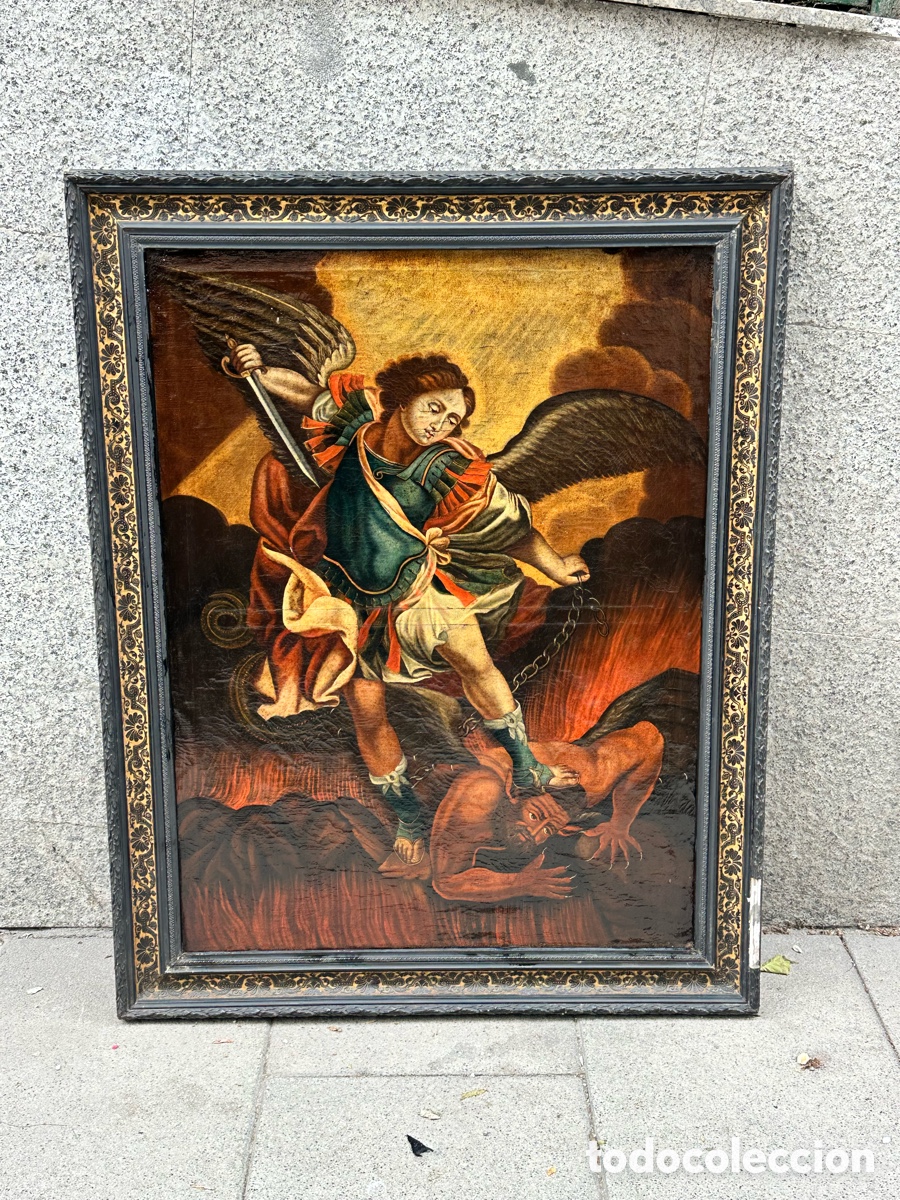 Kunst: Cuadro antiguo San Miguel antiguo &oacute;leo sobre lienzo
