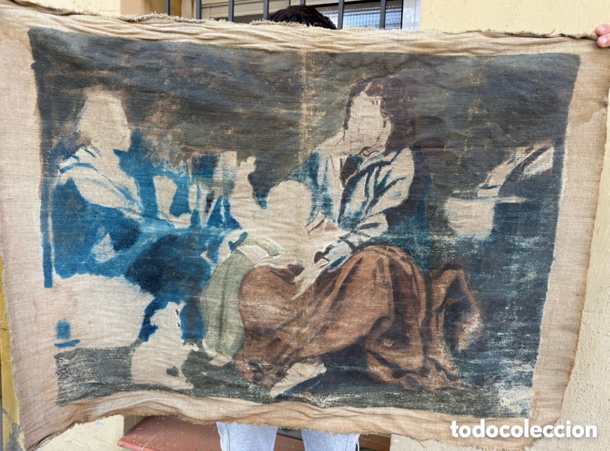 Arte: Gran &oacute;leo antiguo sobre lienzo siglo XIX escena costumbrista inacabada escuela europea.(105X77cm).