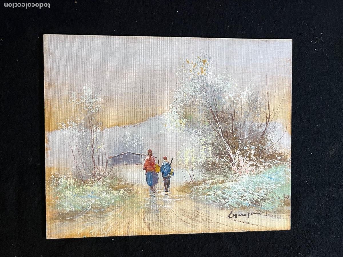 Arte: &Oacute;leo sobre tabla atribuible a Grasot paisaje campesinos impresionista vintage arte catal&aacute;n