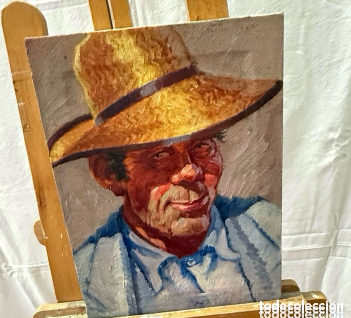 Arte: Jose Font Sellabona - Retrato de campesino andaluz con sombrero - &oacute;leo sobre lienzo