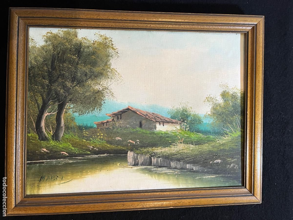 Arte: &Oacute;leo sobre lienzo paisaje rural firmado Mabel mas&iacute;a ovejas pintura costumbrista vintage