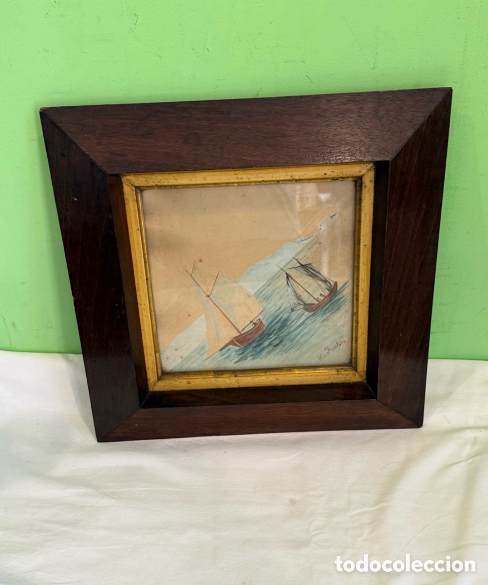 Arte: Manuel Rubio &Oacute;leo Sobre Tabla Marina Barcos Firmado Marco Original &Eacute;poca