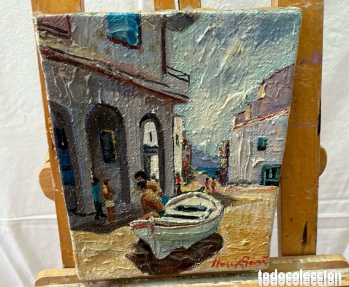 Art: Joan Josep Gar&iacute; (1922) - Puerto mediterr&aacute;neo con barca. Lienzo firmado. Pintura Catalina