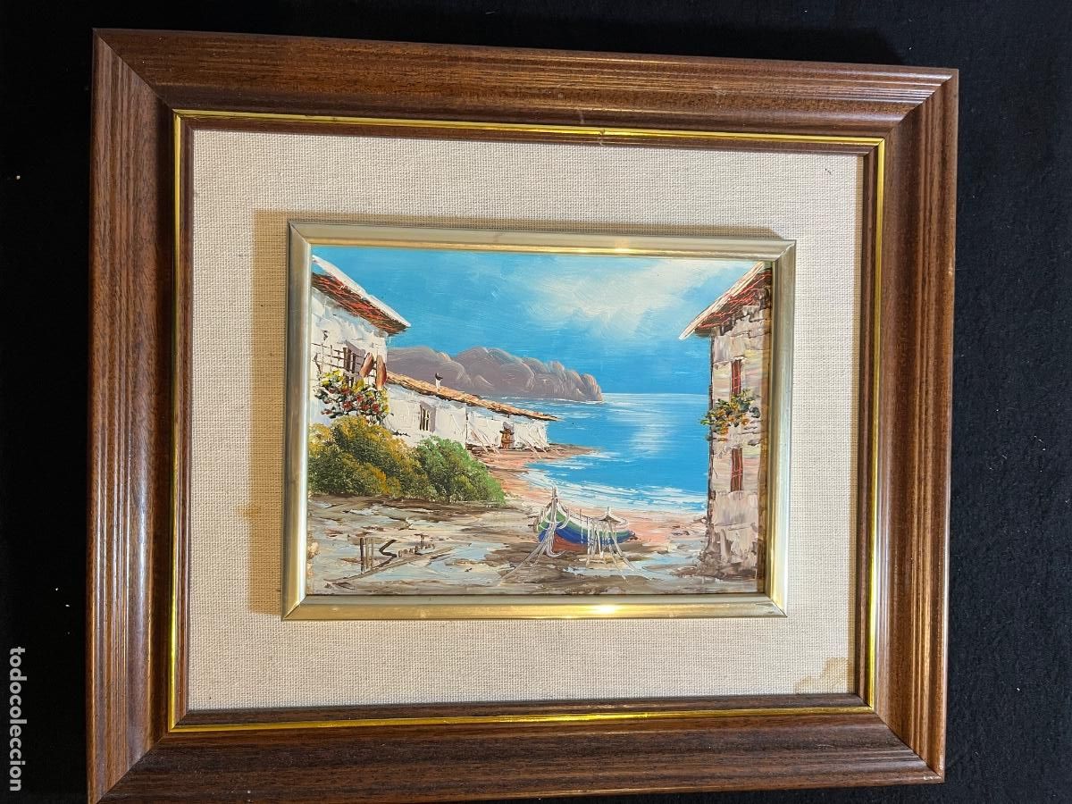 Arte: &Oacute;leo Santas paisaje mediterr&aacute;neo esp&aacute;tula marina costera Costa Brava vintage enmarcado
