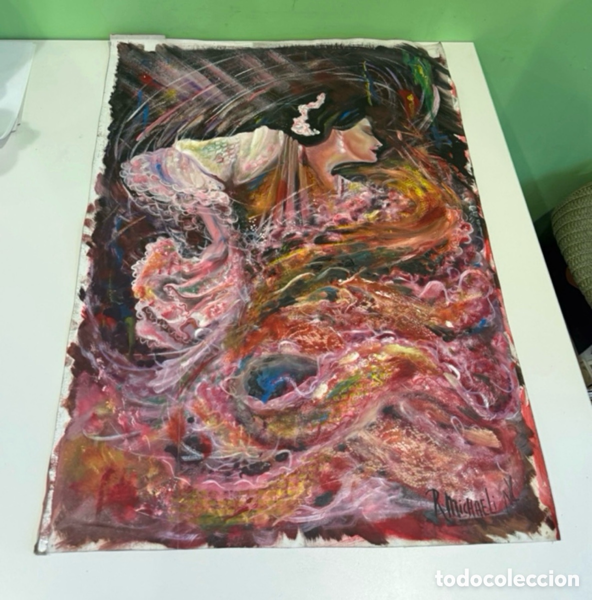 Art: Oleo sobre lienzo firmado Rasim michaeli . Bailarena de flamenco. Medidas (70X50cm) a&ntilde;os 90.