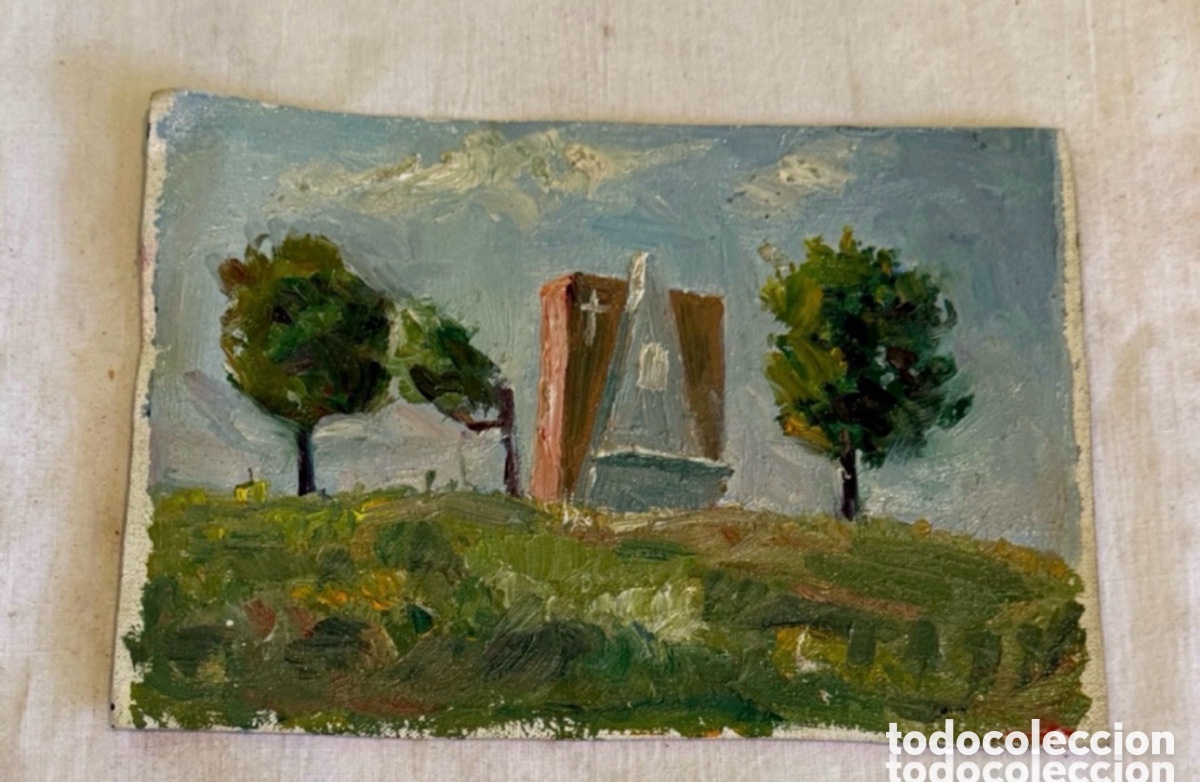 Kunst: Arturo Mart&iacute;nez Cabezas &oacute;leo sobre lienzo paisaje con ermita y &aacute;rboles pintura original