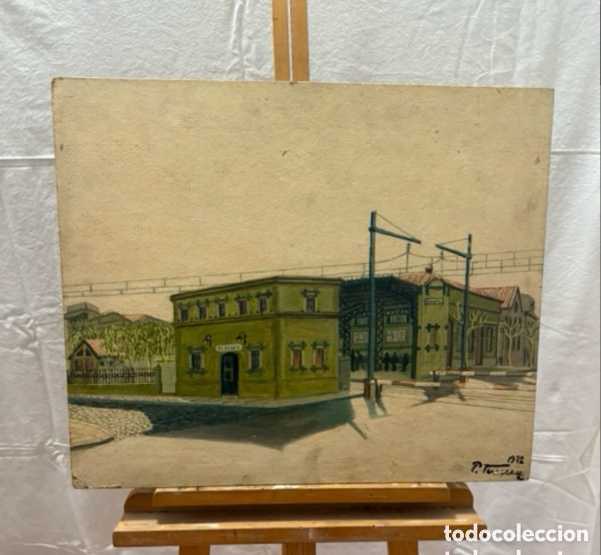 Arte: &Oacute;leo sobre tablex firmado estaci&oacute;n RENFE escena ferroviaria colecci&oacute;n.