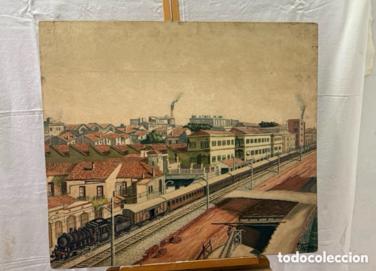 Arte: &Oacute;leo sobre tablex paisaje urbano con tren estaci&oacute;n ferrocarril escuela espa&ntilde;ola (75X65cm).