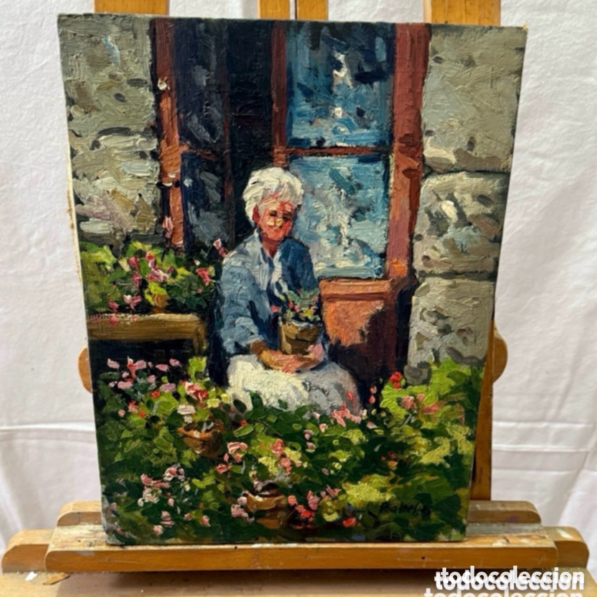 Kunst: Salvador Baliellas - Escena costumbrista con mujer y flores. Lienzo. Escuela de Olot.
