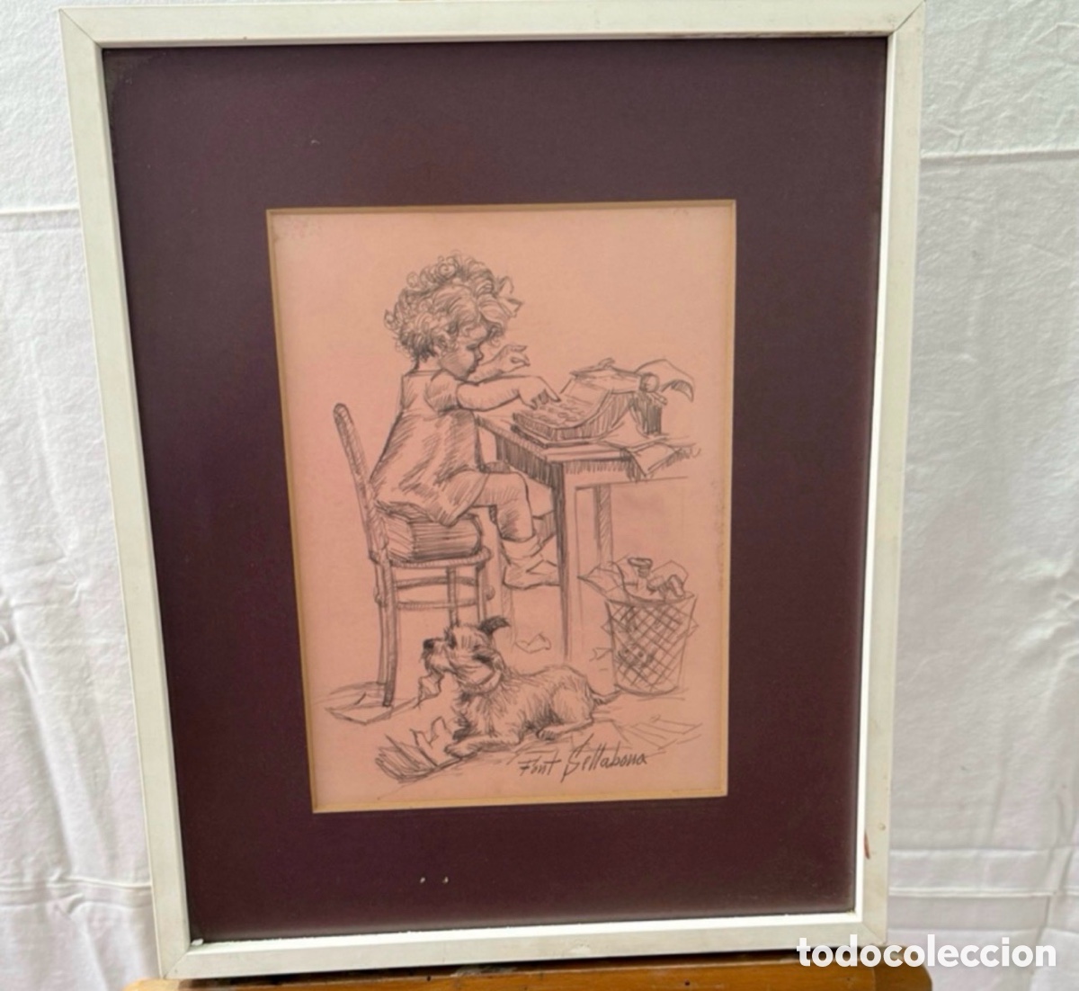Arte: Dibujo humor&iacute;stico infantil firmado Font Sellabona - Ni&ntilde;o escribiendo con perro. Tinta sobre papel