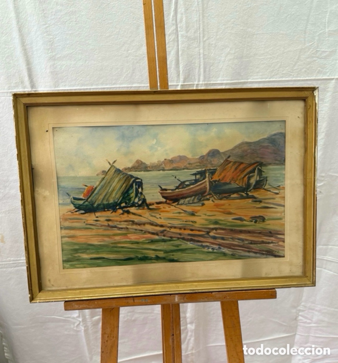 Arte: Pere Gorro Costa acuarela escena calle enmarcada escuela catalana
