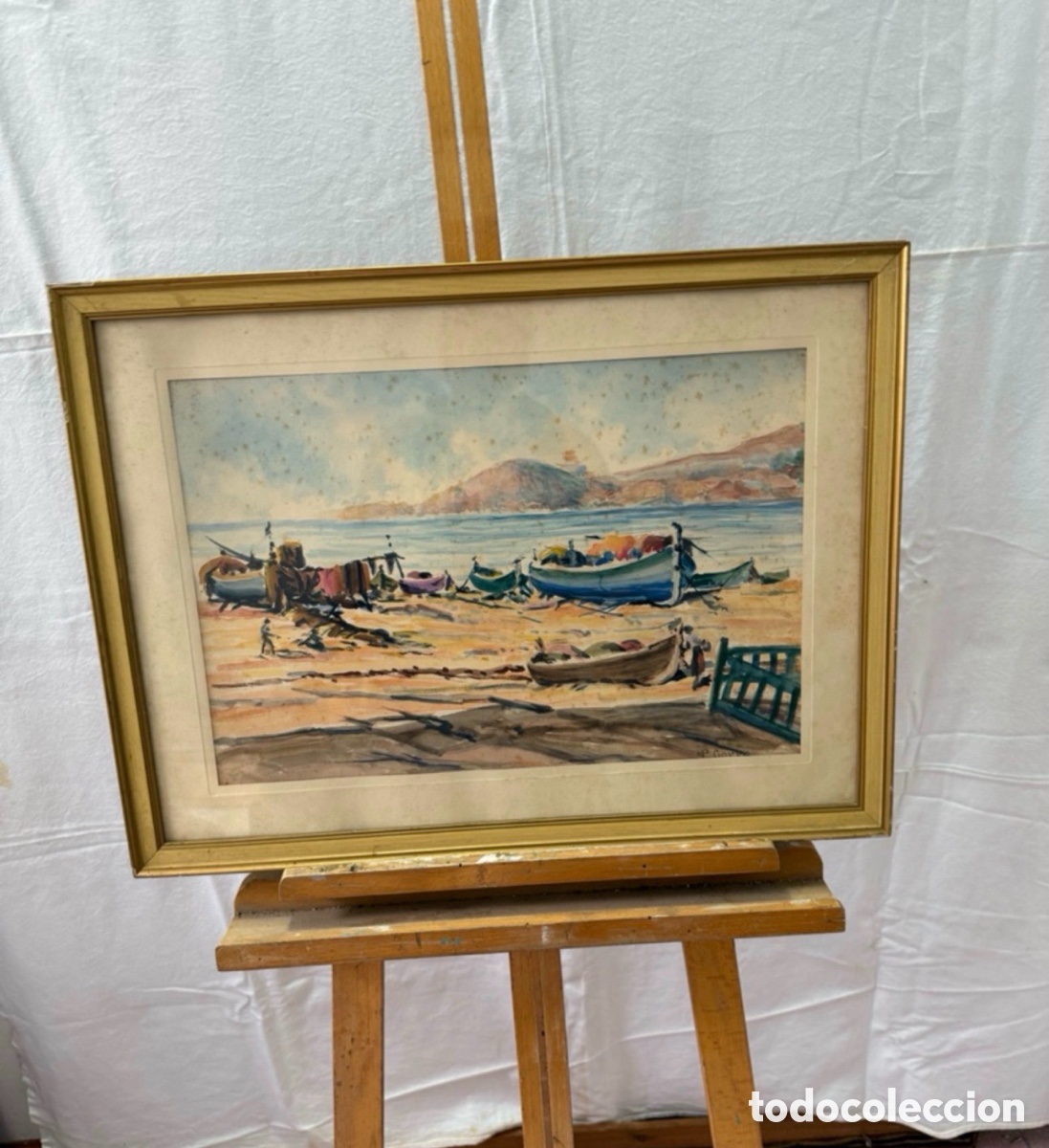 Arte: Pere Gorro Costa acuarela escena marina con barcas enmarcada escuela catalana