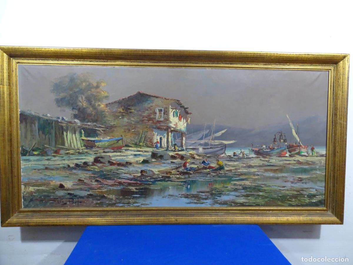Arte: GRAN OLEO TELA VILA PONT. PESCADORES EN LA PLAYA. DOMINIO DEL REFLEJO. MUEBLES J. MONTERO