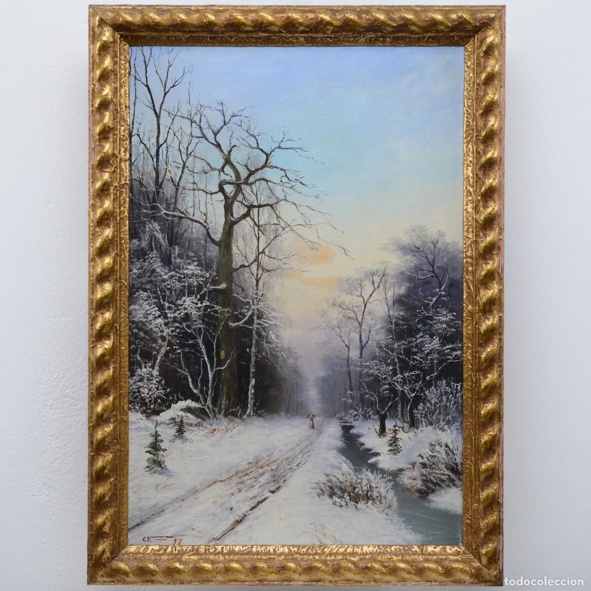 Arte: 1897 Antique European Winter Landscape Forest Road Oil Canvas Signed Framed