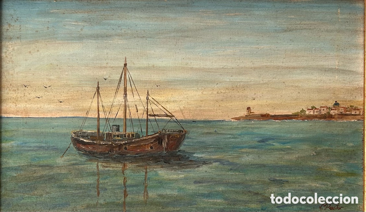 Arte: V. Pastor (Escuela valenciana, S. XX) &ndash; Marina mediterr&aacute;nea con embarcaci&oacute;n pesquera