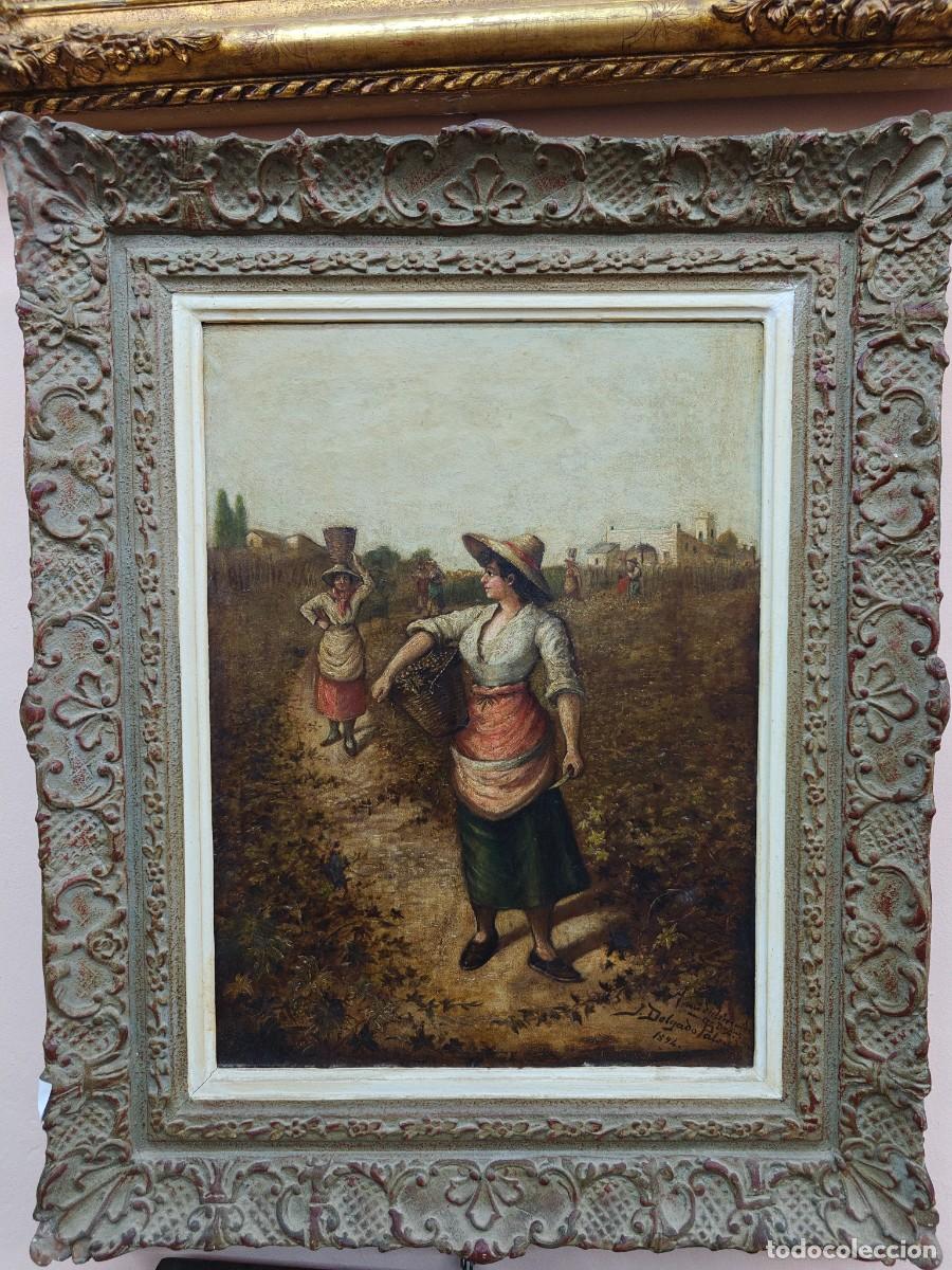 Arte: &Oacute;leo costumbrista &ldquo;Mujeres en el campo&rdquo;, firmado J. Delgado Palau, 1894