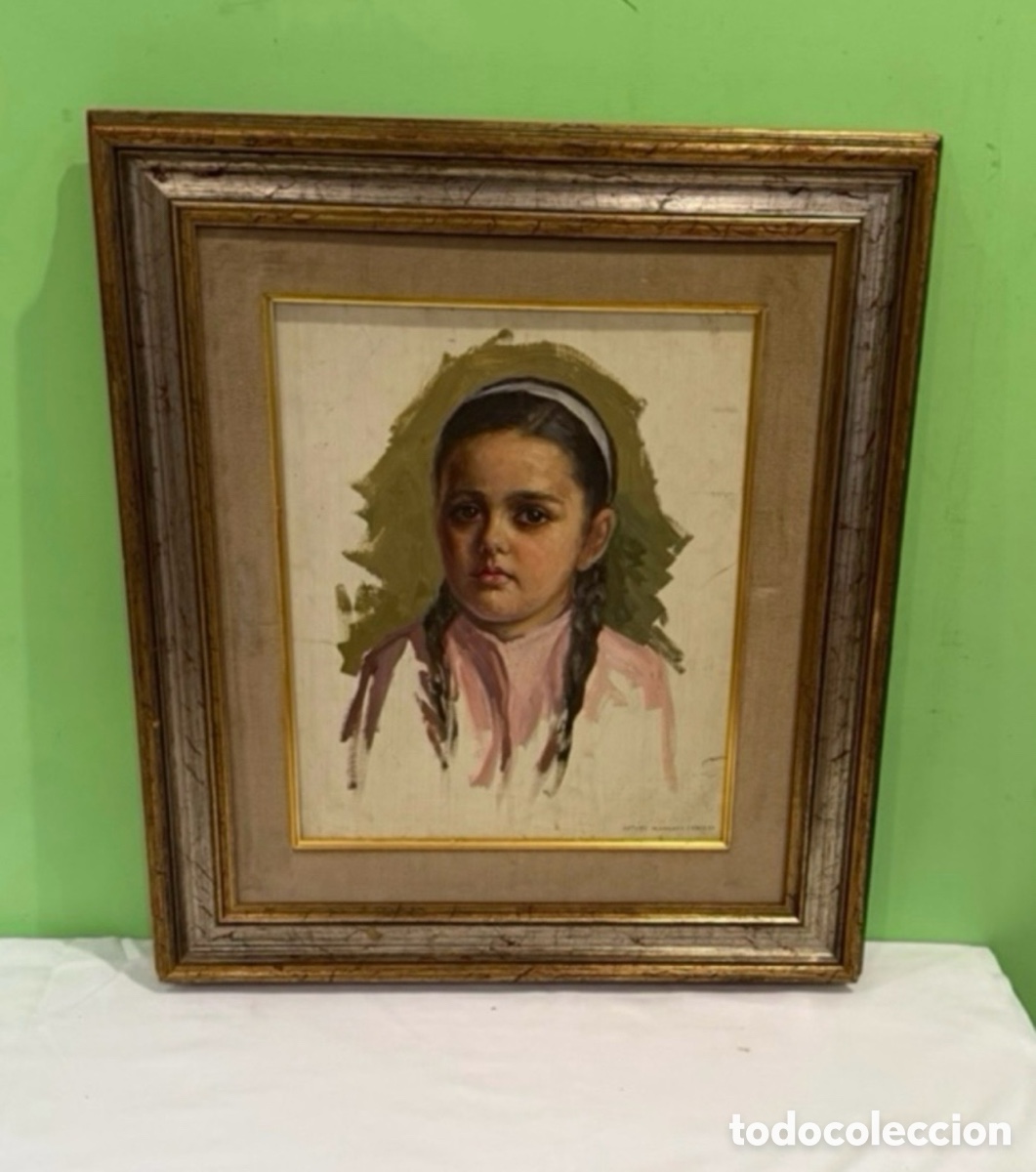 Arte: Arturo Mart&iacute;nez Cabezas (Valencia 1899) retrato de ni&ntilde;a &oacute;leo sobre tablex firmado pintura original.