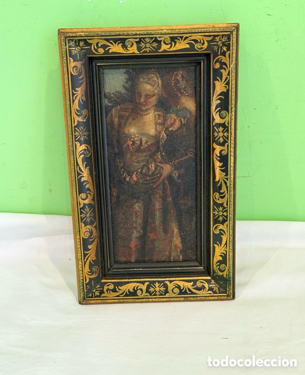 Arte: &Oacute;leo siglo XVIII/XIX retrato femenino escuela europea marco negro dorado antiguo