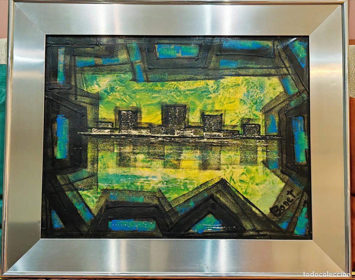 Arte: Cuadro al &oacute;leo sobre lienzo​ informalista a&ntilde;os 70/80 - Firma BONET - Sello Casa L. Guardiola