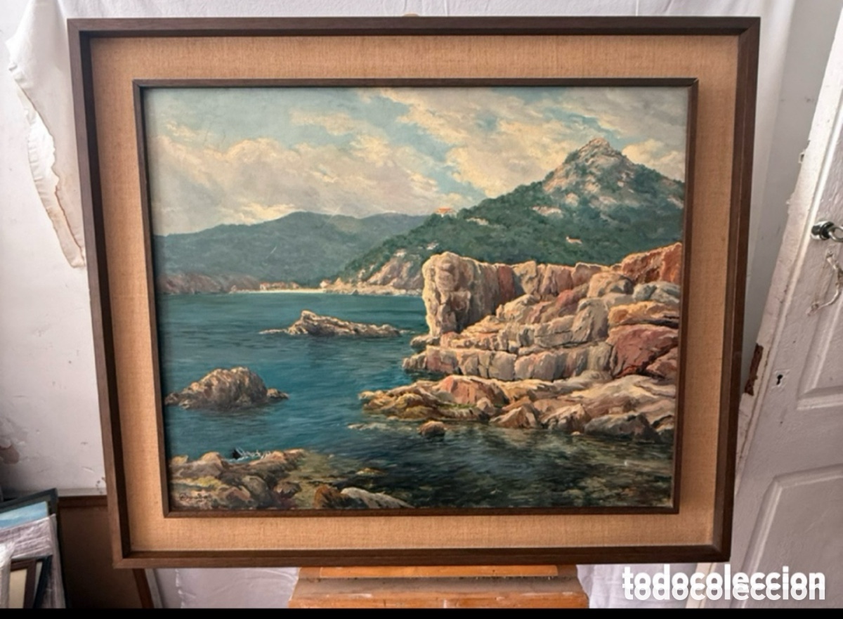 Kunst: &oacute;leo sobre lienzo paisaje marino costa mediterr&aacute;nea firmado y fechado.