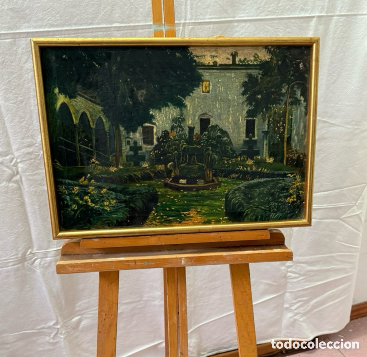 Kunst: Paisaje jard&iacute;n con fuente &oacute;leo sobre lienzo enmarcado estilo cl&aacute;sico gran calidad