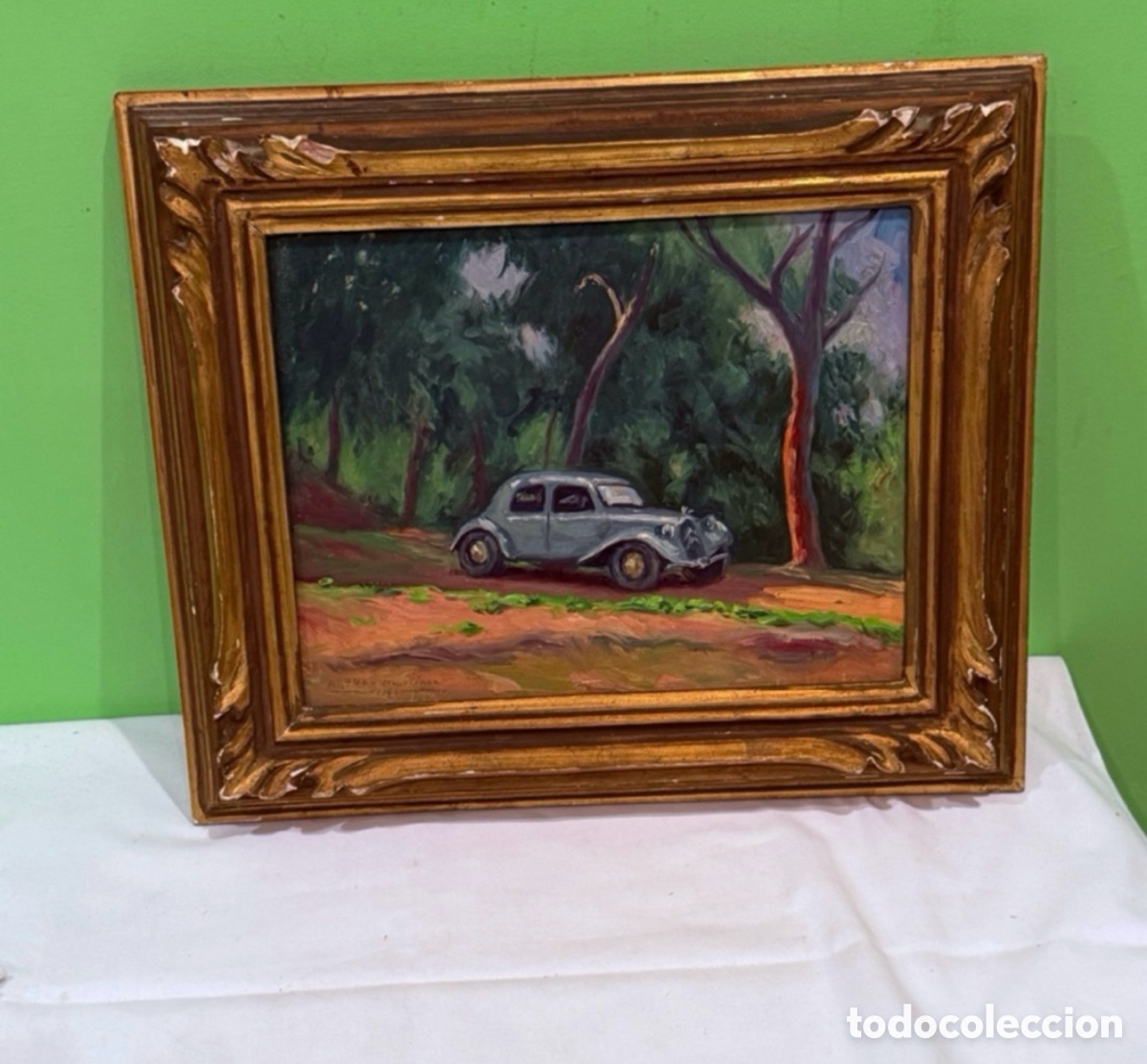 Art: Arturo Mart&iacute;nez Cabezas (Valencia 1899) &oacute;leo sobre tablex firmado paisaje con autom&oacute;vil cl&aacute;sico.