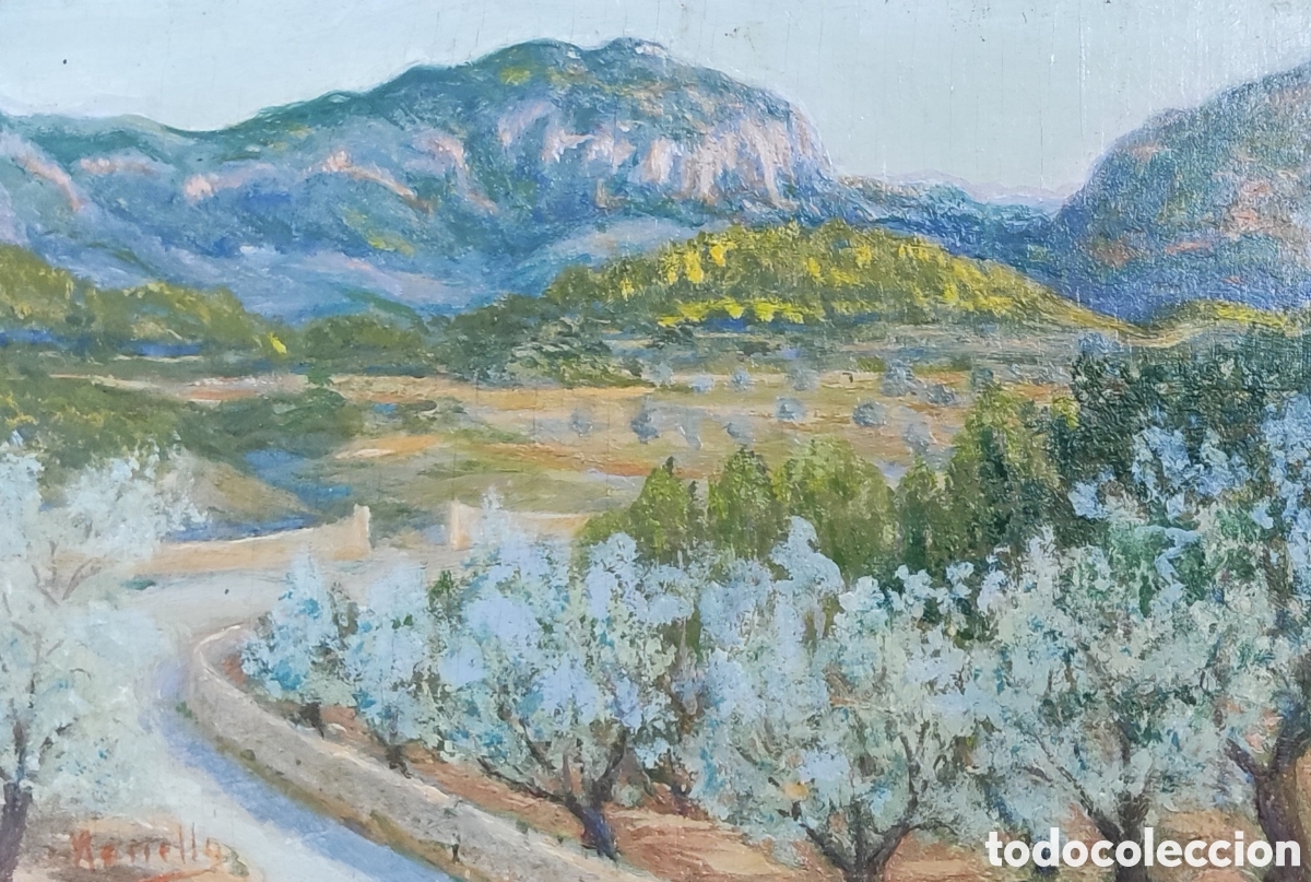 Arte: Francesc Rossell&oacute; Miralles (1863-1933). &Oacute;leo. Tabla. Paisaje de Mallorca. Original. Firmado.
