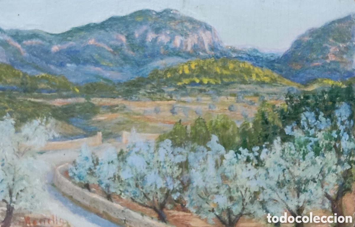 Arte: Francesc Rossell&oacute; Miralles (1863-1933). &Oacute;leo. Tabla. Paisaje de Mallorca. Original. Firmado.